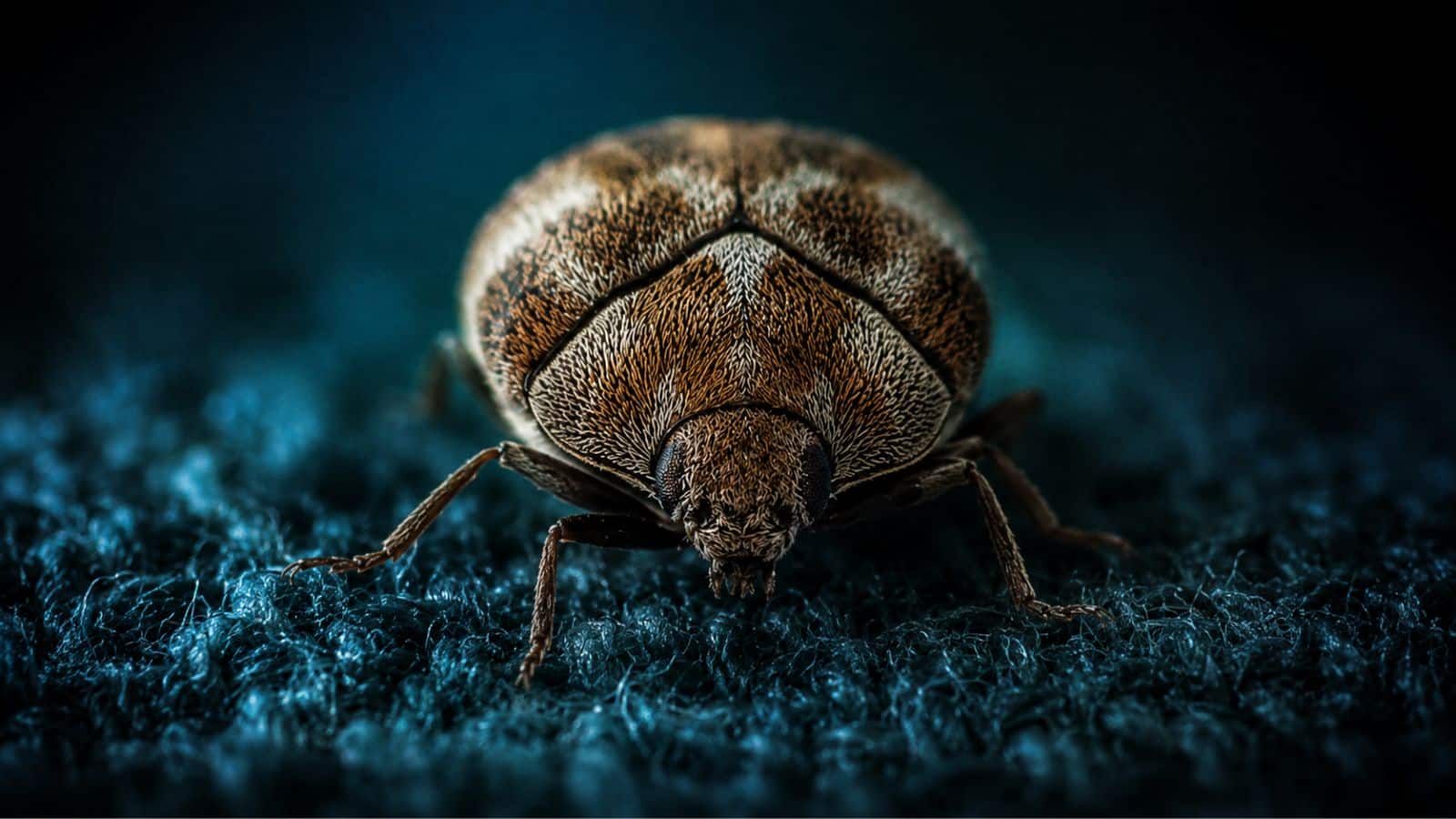 closse up of a varied carpet beetle spotted in London, image is styled to Obsidians turquoise branding. Obsidian are trained and qualified pest control experts specialising in the use of heat treatments to use against the most. complex pest infestations