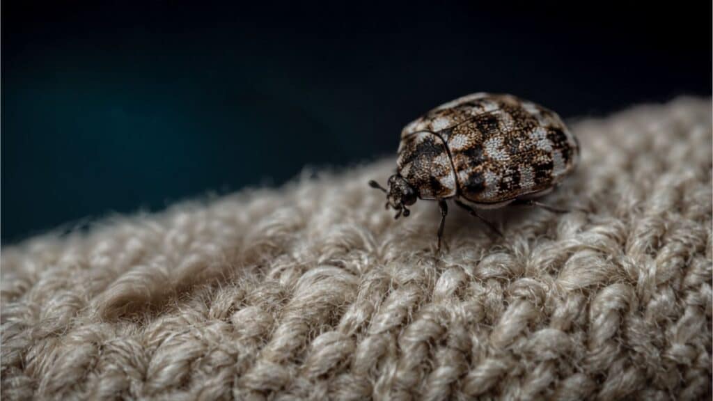 varied carpet beetle found on a customers fabric, this bug can cause massive damage to fabrics, upholstery and furniture if left unchecked. Obsidian specialise in the use of heat treatments to target these insects and leave your space unharmed and insecticide free.