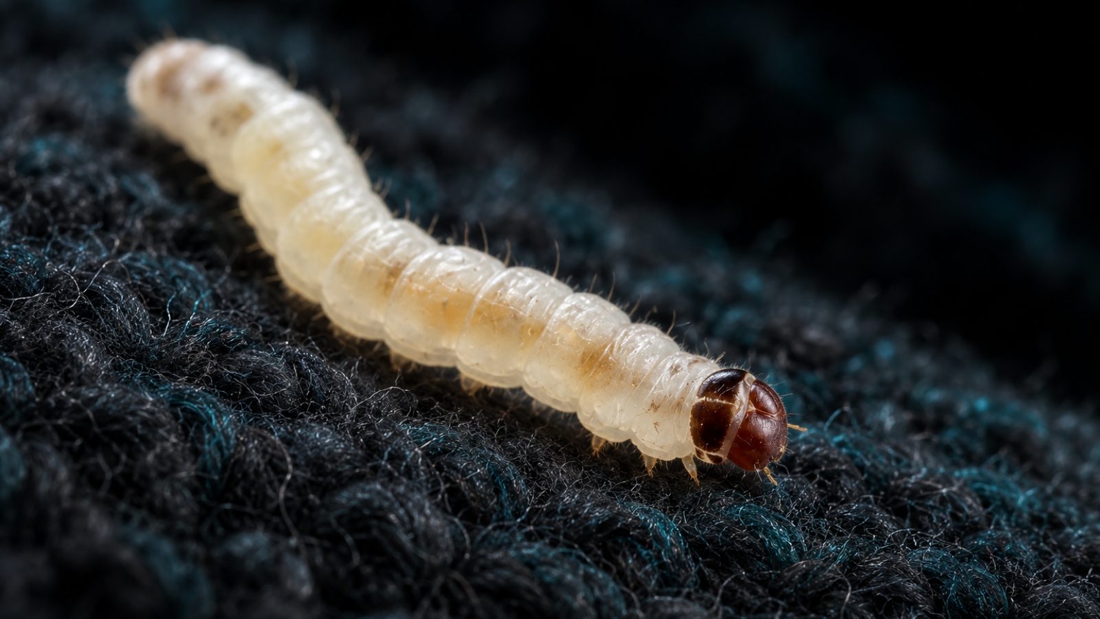 Larvae of clothes moth crawling along natural fabric to feed from the fibres.