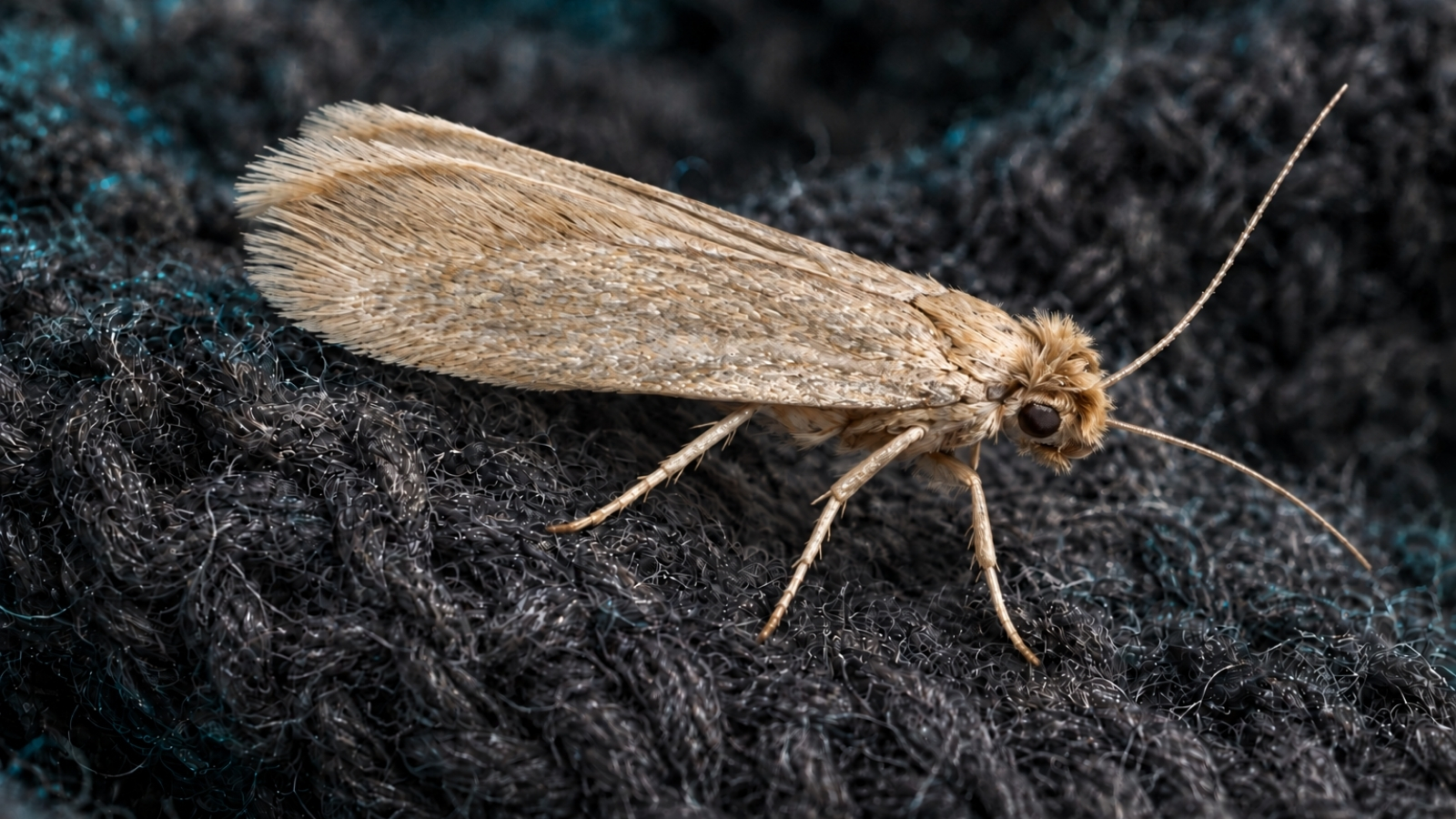 A clothes moth sits on top of some natural fabrics. A perfect place for breeding if left undisturbed. Obsidian offers discreet, professional moth control solutions against clothes moth for homeowners, landlords, hotels and other property management establishments in Soho.