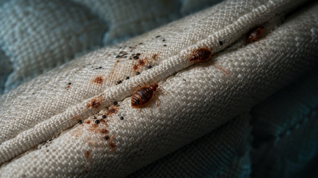 Bedbug infestation found during an inspection of a hotel in London. The guests were receiving bites made by bedbugs during the night, when they're most active.